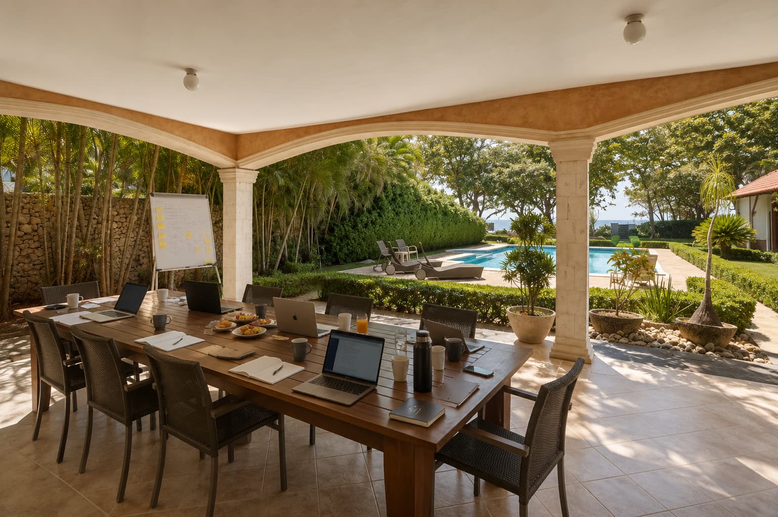 Executive team meeting on the oceanfront terrace at Villa Valesta