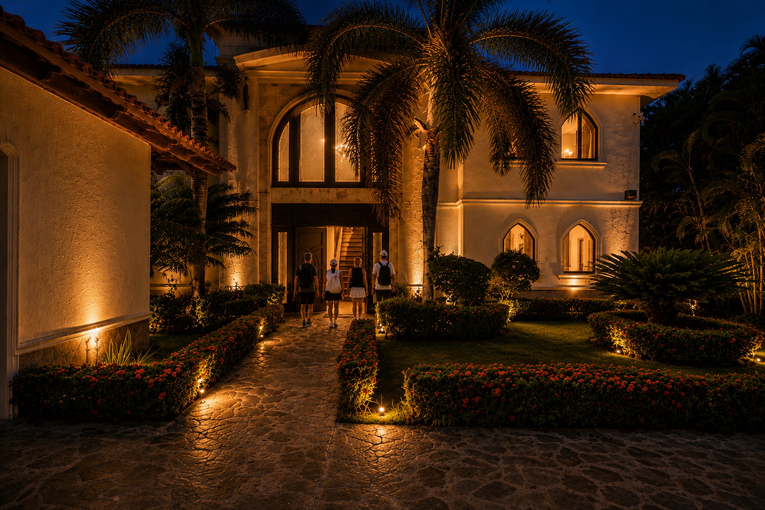 Villa Valesta pickleball retreat at night