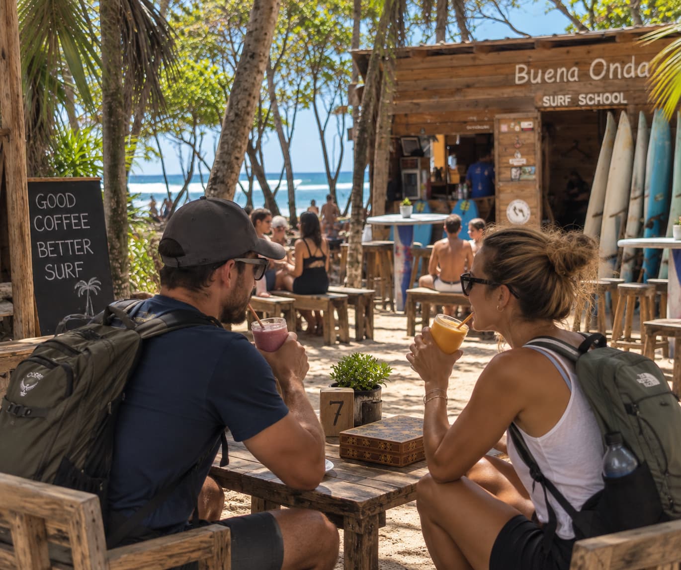 Guests having smoothies at the Buena Onda surf school in Encuentro, a 1.5 km walk from Villa Valesta